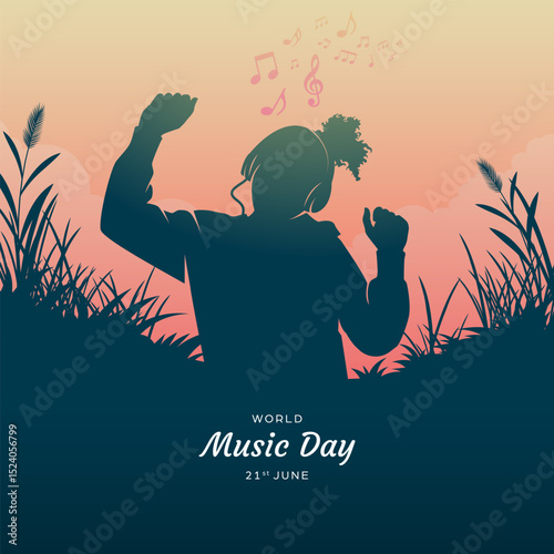 World music day social media post background, square banner with a woman listening music using a headset