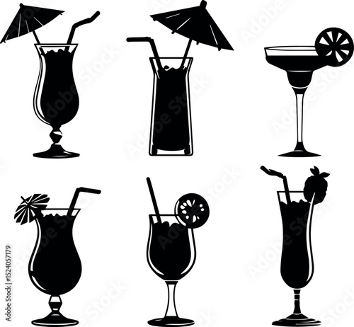 Six stylish black silhouette cocktail drinks menu summer tropical design bar sea ice lime party beach ocean