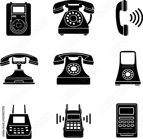 Collection of vintage and modern telephone icons black and white illustrations set old new call dial retro