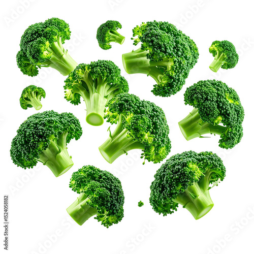 Fresh green broccoli florets floating on black background healthy eating isolated on transparent background