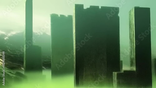 Eerie emerald skyline, ancient monolithic structures emerge from hazy landscapes