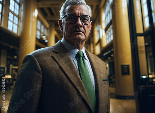 A man in a tailored suit, his expression serious and focused.