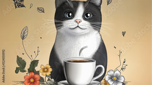 Black and white feline with a cup of coffee, surrounded by delicate floral and leaf details.