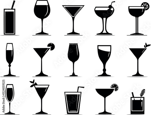 Collection of Black and White Cocktail Glass Icons for Bar and Party Design