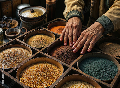 A close-up view of a wooden display case filled with different types of grains and spices.