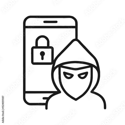 Minimal line art icon of smartphone with padlock and hooded hacker figure representing smartphone hacking and cybersecurity threat