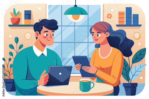 Man and woman with a tablet discussing strategy in a café, morning light and coffee cups around