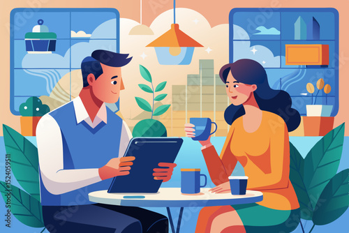 Man and woman with a tablet discussing strategy in a café, morning light and coffee cups around