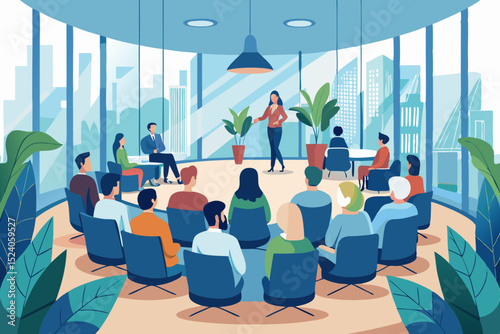 Panoramic shot of conference room with plants and floor-to-ceiling windows, people sit in semi-circle listening to speaker