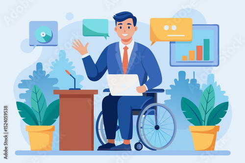 Man in wheelchair speaking at business forum, focus on his face and confident smile