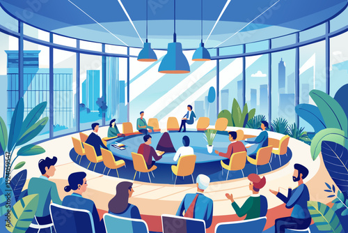 Panoramic shot of conference room with plants and floor-to-ceiling windows, people sit in semi-circle listening to speaker