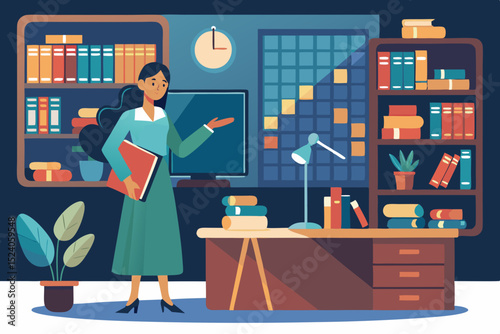 Woman presenting on big screen in a library, surrounded by books and vintage lamps