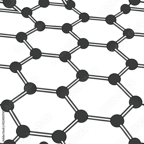 A seamless Graphene structure with black spheres connected by double lines, forming a hexagonal lattice pattern, on a white background