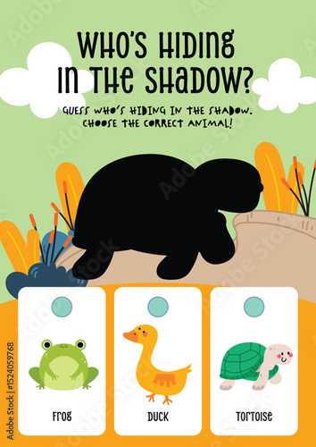 Cute kawaii worksheet for kids with a shadow matching game to identify swamp animals, perfect for fun early education and nature learning at home or school.