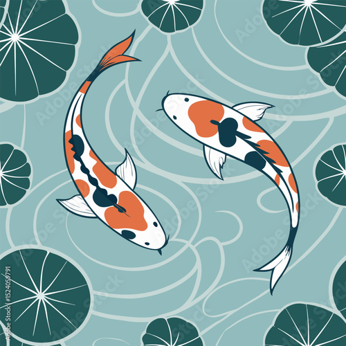 A seamless Japanese-inspired pattern of elegant koi fish in shades of orange, white, and black, swimming in clear rippling water with lotus leaves and soft reflections