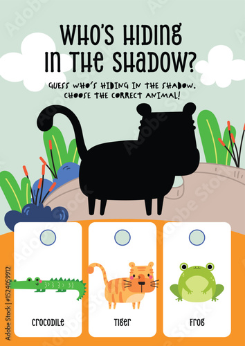Cute kawaii worksheet for kids with a shadow matching game to identify swamp animals, perfect for fun early education and nature learning at home or school.