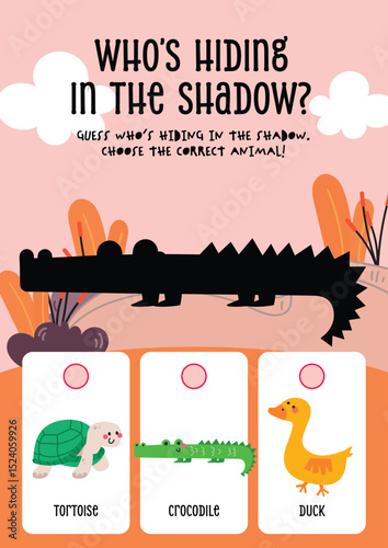 Cute kawaii worksheet for kids with a shadow matching game to identify swamp animals, perfect for fun early education and nature learning at home or school.