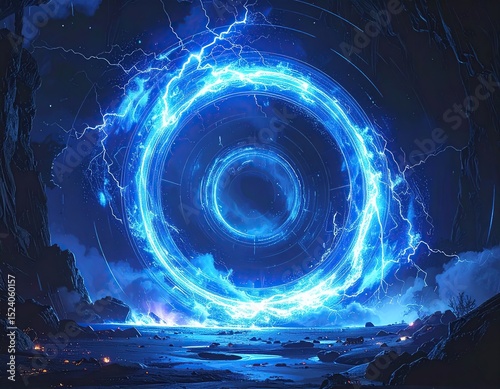 Blue ringed portal, electric energy, night scene