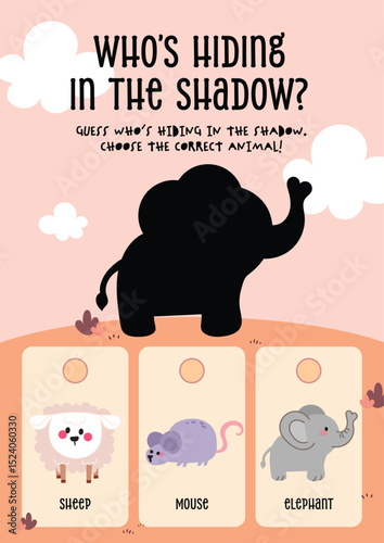 Cute kawaii printable worksheet for kids featuring a fun animal shadow guessing game to support early education and visual recognition skills through learning play.