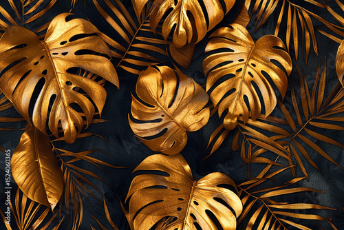 Golden monstera leaves create a seamless tropical pattern