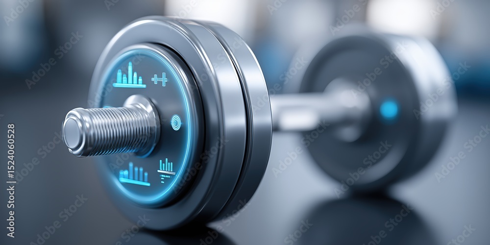 Fototapeta premium Smart fitness dumbbell with digital screen displaying data and stats.