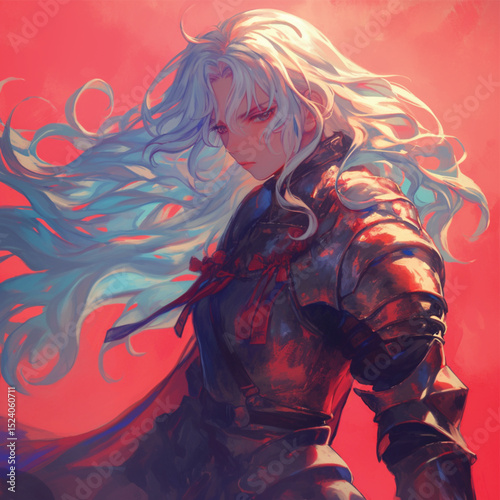 Fierce Female Knight Digital Painting of a Woman Warrior with Flowing Silver Hair