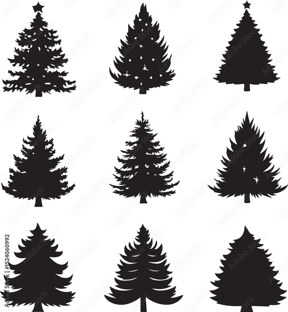 Black and White Christmas Tree Silhouette Vector Set with Festive Lights. Silhouette Christmas tree vector art. Black and White Christmas Tree Silhouette Vector Set with Festive Lights. Silhouette Christmas tree vector art.