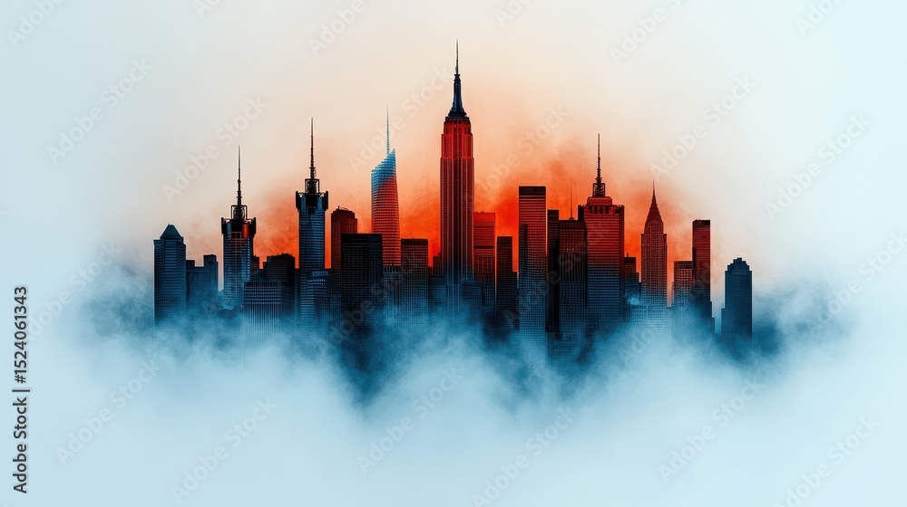Obraz premium City Skyline at Sunrise, Dark Buildings Against Orange Sky, Low Cloud