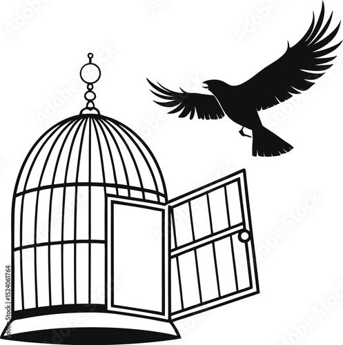 Symbol of Liberation: Bird in Flight and Open Cage Minimalist Artwork
