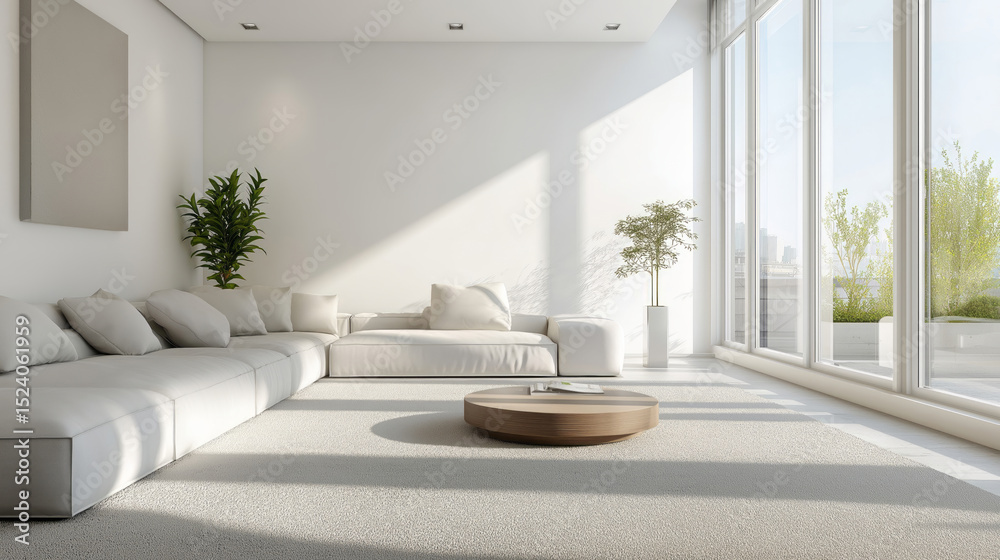 Fototapeta premium Bright and modern living room featuring a large sectional sofa, elegant coffee table, and natural light filtering through large windows