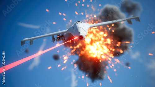 Combat drone launches a laser attack during a military demonstration in a clear blue sky, showcasing advanced technology and precision warfare tactics