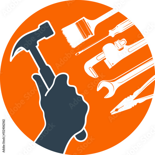 Hammer in hand and tool set sign. Symbol for repair and construction. Jack of all trades