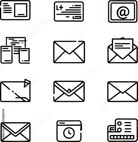 Collection of Simple Black Line Email Icons and Web Design Elements for Digital Communication and Interface Use