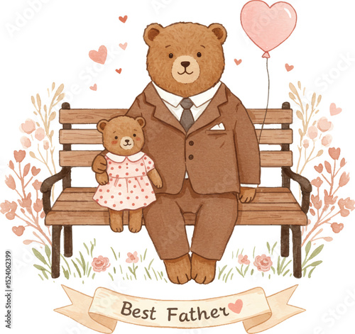 Watercolor Illustration Adorable Bear Father with Daughter on Bench, Happy Father's Day Illustration