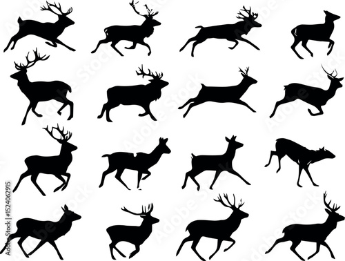 elegant black deer silhouette collection vector set of wild stag and doe in various running and standing