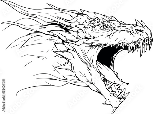 Aggressive roaring dragon head line art illustration graphic design ink beast scary teeth claws wings black