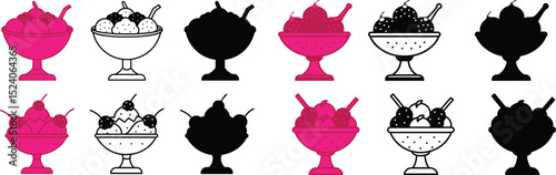 Ice cream sundae variations pink black white line art graphic design