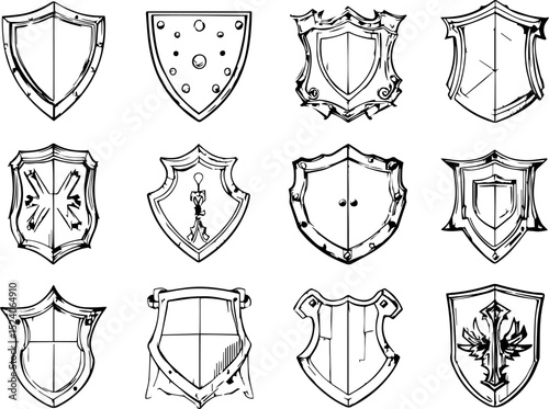 Twelve vintage hand drawn medieval style shields design elements set art icon coat arms game crest black white