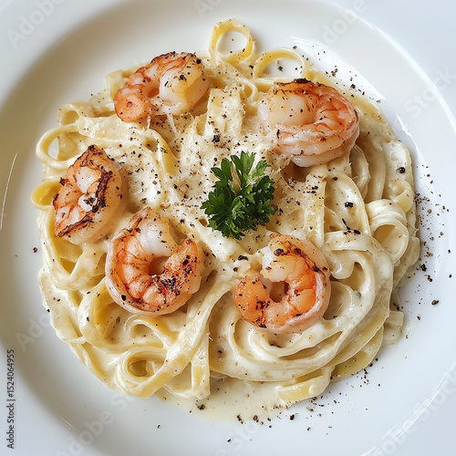 A plate of spaghetti tossed in a light garlic and olive oil sauce, topped with tender, juicy shrimps and garnished with fresh herbs, creating a flavorful and elegant seafood pasta dish.

