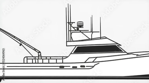 Detailed Linear Illustration of a Sport Fishing Yacht in Black and White