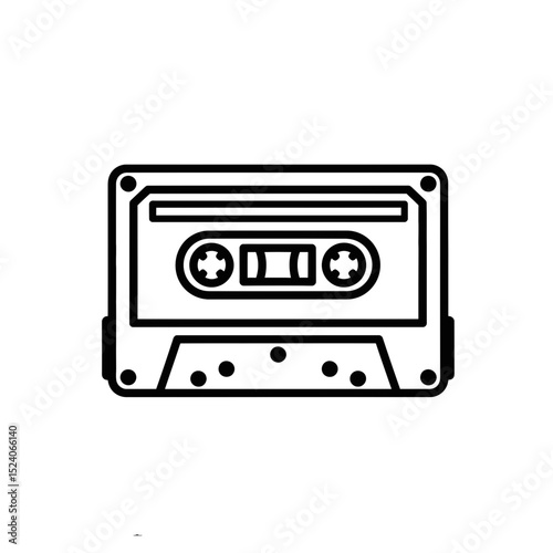 Vintage cassette tape icon in black outline style for music...