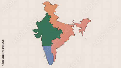A colorful vector map of India with the states of Kerala, Tamil Nadu, and Gujarat highlighted.