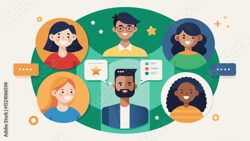 Diverse group of people in circles with speech bubbles