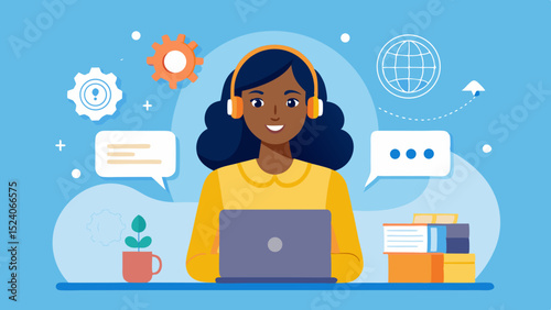 Illustration of a woman with headset working on laptop