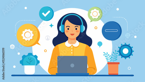 Woman with headset working on laptop with icons around