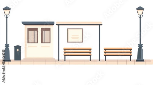 Illustration of a bus stop with two benches and street lamps on a sidewalk