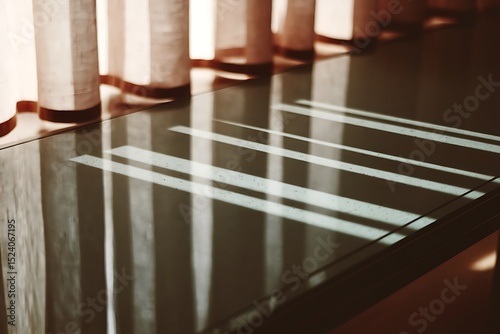 A Reflective Glass-Top Table with Sheer Curtains Casting Light Patterns