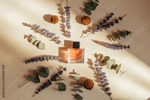 Aromatic Perfume Surrounded by Natural Elements in Soft Sunlight