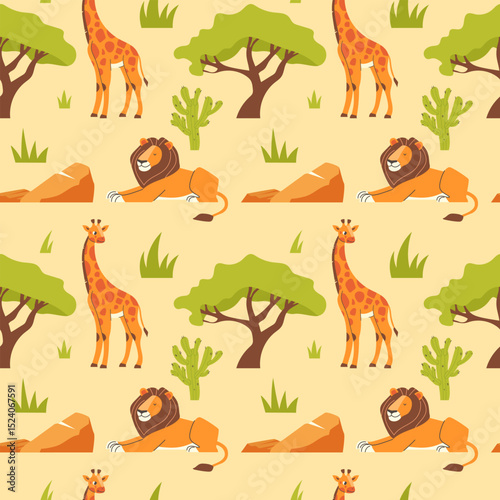 African seamless pattern with giraffe and lion