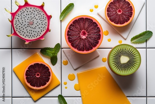 A Vibrant Still Life Featuring Exotic Fruits and Citrus Segments